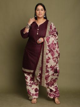 Rajnandini - Wine Cotton Blend Printed Plus Size Kurta and Salwar with Dupatta (Set of 3)