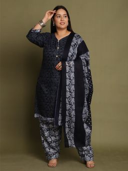 Rajnandini - Blue Cotton Blend Printed Plus Size Kurta and Salwar with Dupatta (Set of 3)