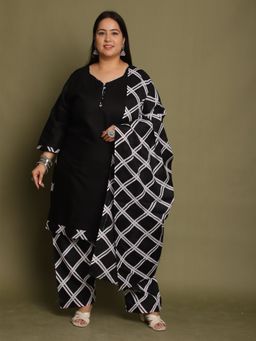 Rajnandini - Black Cotton Blend Printed Plus Size Kurta and Salwar with Dupatta (Set of 3)