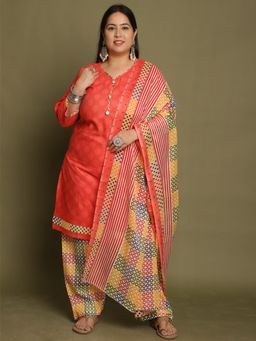 Rajnandini - Peach Cotton Blend Printed Plus Size Kurta and Salwar with Dupatta (Set of 3)