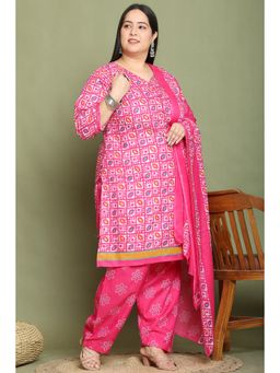 Rajnandini - Pink Cotton Blend Printed Plus Size Kurta and Salwar with Dupatta (Set of 3)