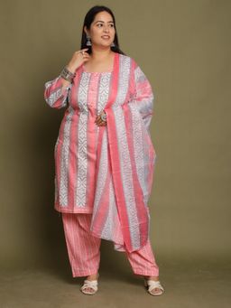 Rajnandini - Peach Cotton Blend Printed Plus Size Kurta and Salwar with Dupatta (Set of 3)