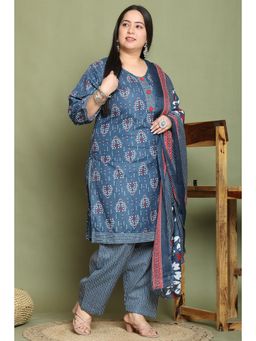Rajnandini - Grey and White Printed Plus Size Kurta and Salwar with Dupatta (Set of 3)