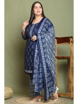 Rajnandini - Navy Blue Cotton Blend Printed Plus Size Kurta and Salwar with Dupatta (Set of 3)