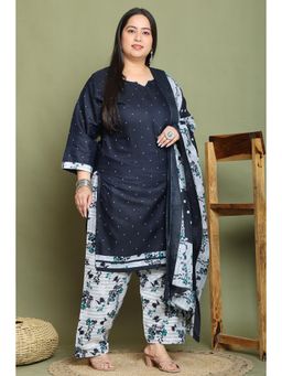 Rajnandini - Navy Blue Cotton Blend Printed Plus Size Kurta and Salwar with Dupatta (Set of 3)