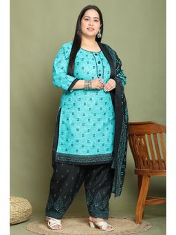 Rajnandini - Turquoise Cotton Blend Printed Plus Size Kurta and Salwar with Dupatta (Set of 3)