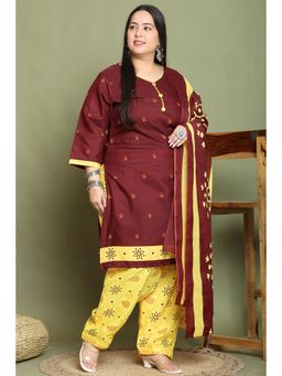 Rajnandini - Maroon Cotton Blend Printed Plus Size Kurta and Salwar with Dupatta (Set of 3)