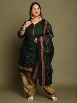 Rajnandini - Olive Cotton Blend Printed Plus Size Kurta and Salwar with Dupatta (Set of 3)