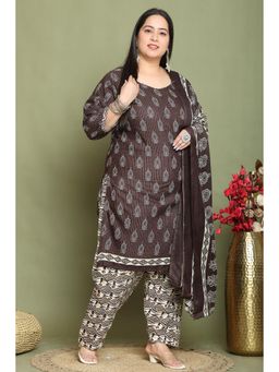 Rajnandini - Brown Cotton Blend Printed Plus Size Kurta and Salwar with Dupatta (Set of 3)
