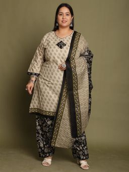 Rajnandini - Beige Cotton Blend Printed Plus Size Kurta and Salwar with Dupatta (Set of 3)