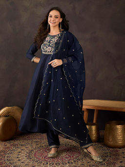 KVS FAB - Navy Blue Bitaliyan Zari Embroidered Flared Kurta with Pant and Dupatta (Set of 3)