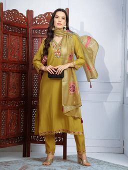 KVS FAB - Green Roman Silk Hand Embroidered Kurta with Pant and Dupatta (Set of 3)