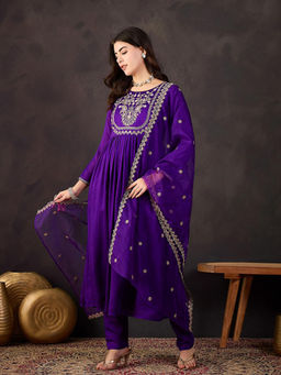 KVS FAB - Purple Vicitra Embroidered A Line Kurta with Pant and Organza Dupatta (Set of 3)
