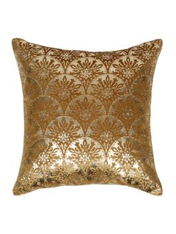 Nisrag Home - Gold Toned Floral Embroidered Velvet Square Cushion Cover (16x16 Inches)