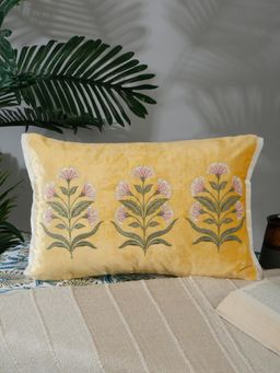 Nisrag Home - Yellow Floral Embroidered Velvet Rectangle Cushion Cover (12 x 15 Inches)