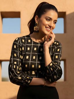 Dora Dori - Black Abstract Pure Cotton Printed Round Neck Cuffed Sleeves Crop Top