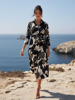 Dora Dori - Relaxed Fit Black Abstract Print Pure Cotton Shirt Collar Cuffed Sleeves Dress