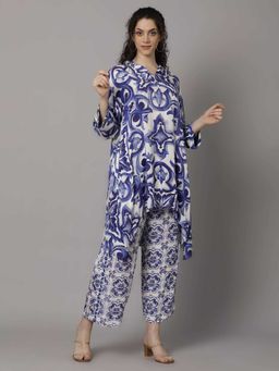 Dora Dori - White Muslin Silk Collar Neck Tunic with Pant (Set of 2)