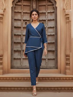 Dora Dori - Women Teal Chanderi V-Neck Tunic with Trouser Co-Ord Set
