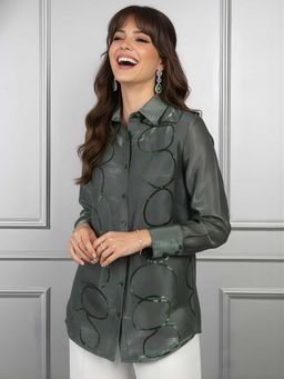 Dora Dori - Green Sheer Embroidered Shirt Style Top