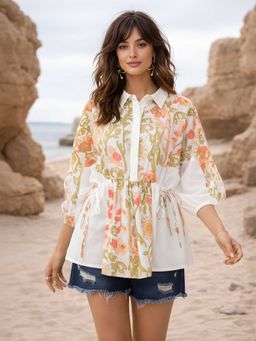 Dora Dori - White Relaxed Fit Floral Printed Shirt Collar Kimono Top
