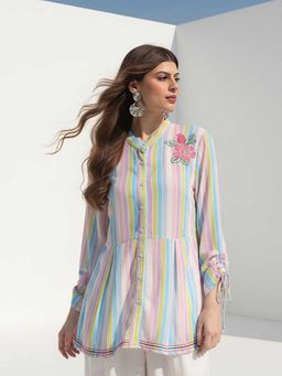 Dora Dori - Multi-Color Stripe Printed Embroidered Top