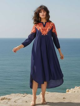 Dora Dori - Chanderi Blue Ethnic Print Fit and Flare Midi Dress