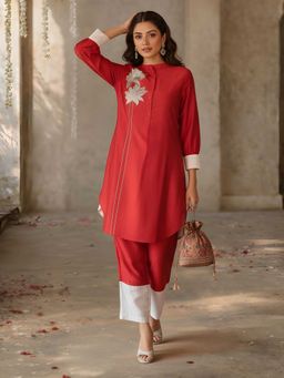 Dora Dori - Chanderi Colourblocked Maroon Co-Ord Set