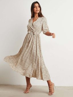 Styli - Beige Polka Dot V Neck Wrap Midi Dress