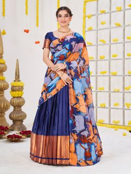 Pink Ethnic - Blue Gold Banarasi Semi Stitched Lehenga & Unstitched Blouse with Dupatta (Set of 3)