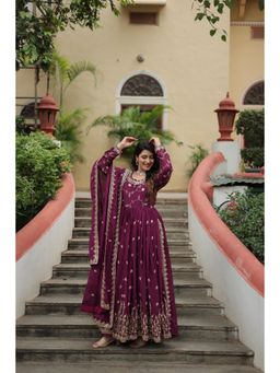 Noorani by LA - Merlot Embroidered Purple Kurta with Sharara and Dupatta (Set of 3)