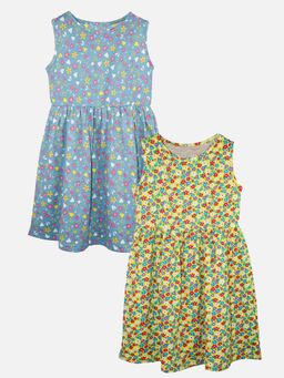 KiddoPanti - Girls Multi Color Printed Knee Length Dress (Pack of 2)
