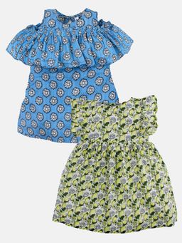 KiddoPanti - Girls Blue Printed Knee Length Dress (Pack of 2)
