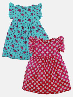 KiddoPanti - Girls Aqua Printed Knee Length Dress (Pack of 2)