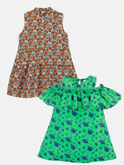 KiddoPanti - Girls Multi Color Printed Knee Length Dress (Pack of 2)