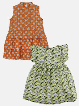 KiddoPanti - Girls Orange Printed Knee Length Dress (Pack of 2)