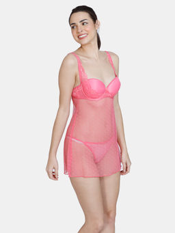 Zivame - Lace N Mesh Baby Doll With Thongs - Pink Lemonade