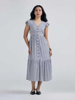 Twenty Dresses by Nykaa Fashion - White Striped Ruffled Sleeves Tiered Midi Dress (2XL)