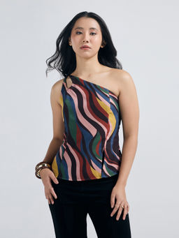 Twenty Dresses by Nykaa Fashion - Multi-Color Printed One-Shoulder Side Slit Top