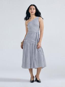 Twenty Dresses by Nykaa Fashion - White One Shoulder Striped Midi Dress With Belt