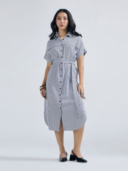 Twenty Dresses by Nykaa Fashion - White Striped Tie-Up Waist Midi Shirt Dress With Belt (S)