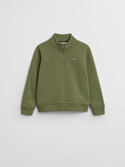GANT - Boys Olive Solid Mock Neck Regular Fit Shield Half Zip Sweatshirt