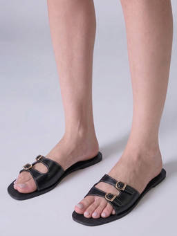 Twenty Dresses by Nykaa Fashion - Black Square Toe Buckle Trim Everyday Padded Flats