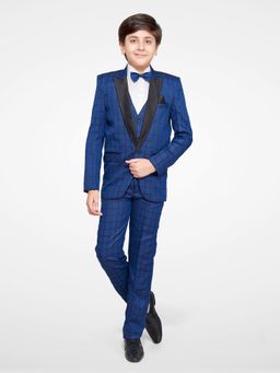 Jeetethnics - Boys Blue Checked Coat Suit With Waistcoat Shirt & Trousers (Set of 5)