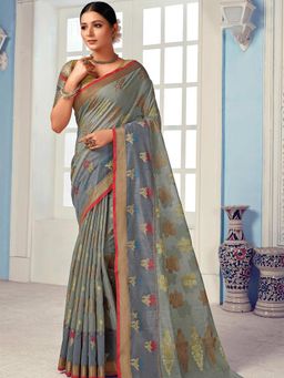 Odette - Womens Grey Cotton Woven Design Saree with Unstitched Blouse