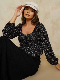 Styli - Black Square Neck Floral Crepe Regular Fit Peplum Top