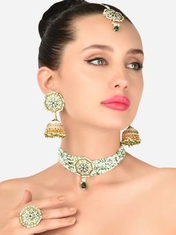 Zaveri Pearls - Green White Meenakari Necklace Earring Maangtikka and Ring Set-ZPFK12146