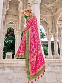 Odette - Womens Pink Patola Pure Silk Saree with Unstitched Blouse