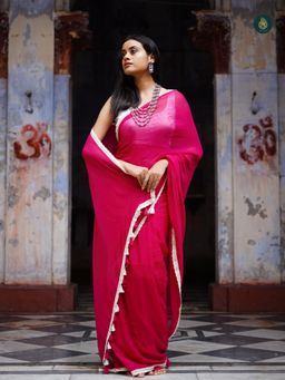 Ethnic Elements - Classic Pink Saadgi Mul Cotton Solid Saree without Blouse