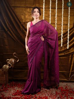 Ethnic Elements - Orchid Purple Sequence Mul Cotton Saree without Blouse